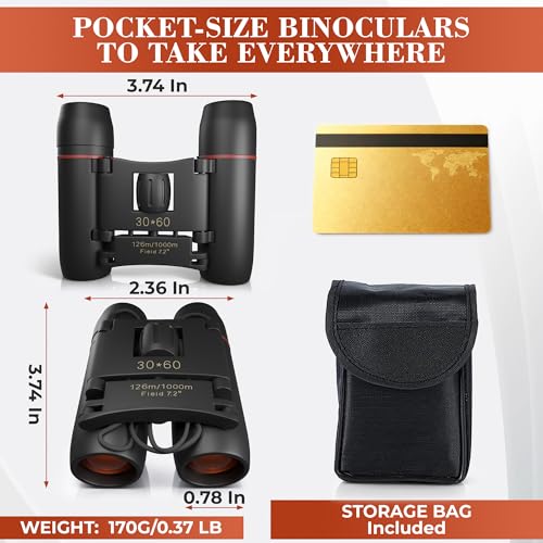 Compact Binoculars, 7X Magnification, Pocket Size, Lightweight | Mini Binoculars for Adults, Bird Watching, Travel & Concerts; Center-Focus; Rubber-Coated Grip; Not Night Vision; Storage Bag