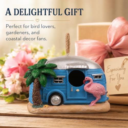 Coastal Flamingo Camper Birdhouse, Hand Painted Resin Bird House for Outdoors, Waterproof Hanging Garden Decor for Patio, Backyard & Tree - style: flamingo