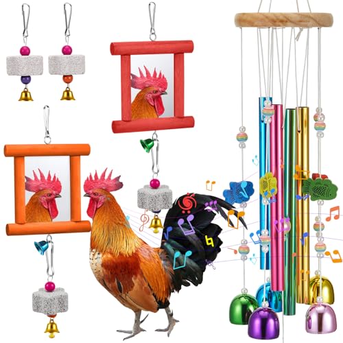 VioraWhite 7 Pcs Chicken Toys, Hanging Chicken Wind Chime, 2 Pcs Coop Mirror Toys with Bells 4 Pack Beak Grinding Stones, Musical Coop Accessories for Hen Rooster Chick Poultry Birds(Red, Orange) - color: Red, Orange