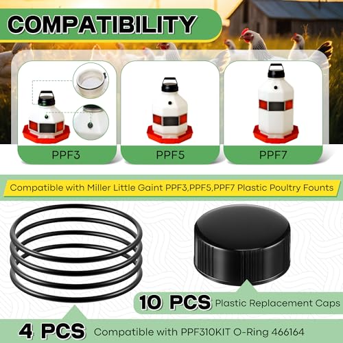 Poultry Fountain Renewal Waterer Part, 10 Replacement Cap,4 O Ring,Black | Compatible with Miller PPF3/PPF5/PPF7,Compatible with Farm-Tuff 3/5/7 Gallon Poultry Founts - color: Black