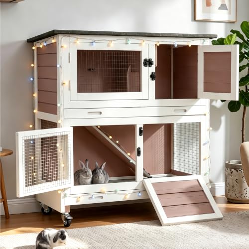 Suumerpety 36" 2-Story Wooden Rabbit Hutch with Chew-Proof Ramp, Double Leak-Proof Pull-Out Trays & 4 Lockable Wheels, Indoor Outdoor Bunny Cage for Rabbits & Guinea Pigs (Brown) - color: (Brown-AIR77)