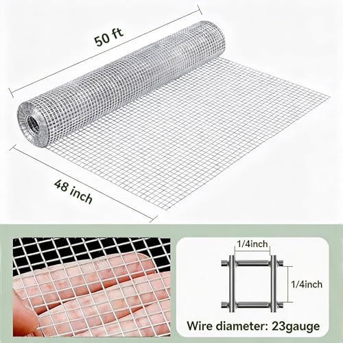 Amagabeli Galvanized Hardware Cloth 1/4 inch 48 x 50 ft 23 Gauge Chicken Wire Fence Welded Wire Mesh Roll Plant Supports Poultry Netting Garden Bed Animal Cage Snake Rabbit Gopher Rodent Proof - size: 1/4" 48"x50'