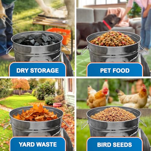 Plexon 13 Gallon Outdoor Metal Trash Can with Lid Vintage Trash Can Steel Retro Garbage Can for Patio Farmhouse Rustic Bird Seed Storage Pet Food Ash Bucket, Galvanized Steel - color: Silver