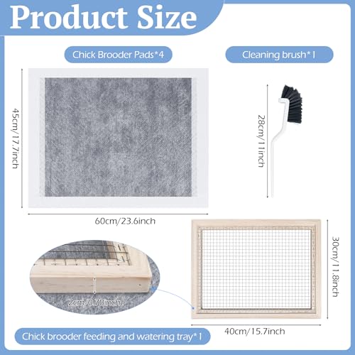 Chick Brooder Pads Kit with 4 Hatchling Liners, 1 Wooden-Frame Metal Grid Tray and 1 Cleaning Brush, Odor-Control Brooder Maintenance Kit, Keeps Feed and Water Clean, for Baby Chicks