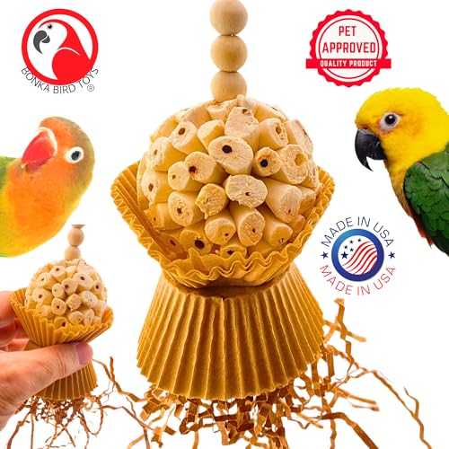 Bonka Bird Toys 1925N Natural Cake Bird Toy – 7" Tall, Lightweight, Bird-Safe Sola Plant Ball Core with Shreddable Cupcake Cups & Wooden Beads – Ideal for Finches, Parakeets, Lovebirds & Small Birds