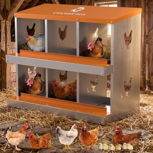 6 Compartment Galvanized Metal Chicken Nesting Box, Easy Install & Clean Roll Out Egg Laying Boxes for Backyard Chicken Coop, Anti-Rust Egg Protection Nest,Orange - color: Orange, size: 6 holes