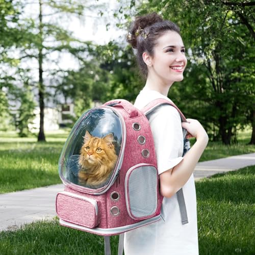 Cat Backpack Carrier with Large Space Bubble Window, Airline Approved Breathable Pet Carrier for Small Dogs Cats up to 15lbs, Foldable for Travel Hiking & Outdoor Use - color: Pink