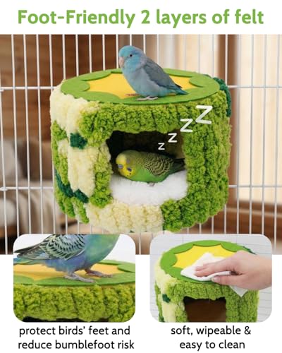Bird Nest for Cage with Support Frame & Pad, Foot-Friendly Felt | Safe Hideout, Warm Bird Bed for Parakeets Lovebird Budgies, Winter Plush Coral Fleece Hammock Hut, Soft Washable Cozy House - color: Green