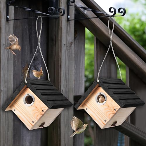 Dreyoo 1 Pack Wren House, 1-1/8'' Entrance Hole Hanging Wooden Wren Bird Houses for Outside with Metal Guard, Air Vents, Pine Wood for Chickadees (Black) - color: Black