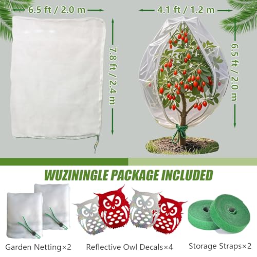 Large Garden Bird Netting with Zipper & Drawstring, 2 Pack 6.5x7.8 ft Plant Protection Cover for Trees/Shrubs, w/4 Reflective Tapes & 2 Securing Straps - size: 6.5×7.8 ft