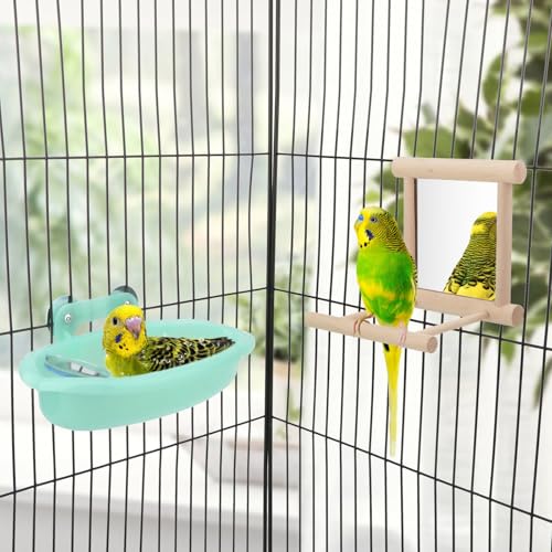 Wontee Bird Bath Parrot Bathing Tub Bird Mirror with Perch Toys for Budgies Parakeets Cockatiels Lovebirds Finches Canaries - color: Green