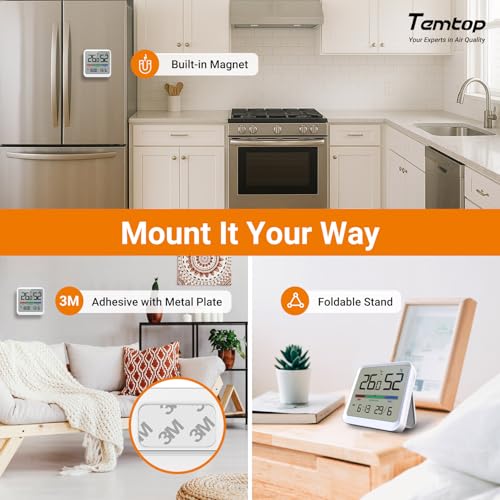 Temtop T1-SE Indoor Digital Thermometer Hygrometer with Magnet, 3M Sticker | Date Time Display, Wall Magnet Stand Mount for Home, Office, Nursery, Baby Room - size: T1-SE