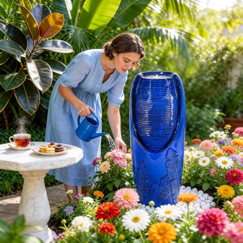 Autodaya 33" H Ceramic Jar Outdoor Water Fountain with Lights, Cobalt Blue | Natural Charm Water Feature with 3D Tropical Leaf Pattern, Soothing Cascading Waterfall for Peaceful Garden Patio Yard Porch - color: 32"h Cobalt Blue New