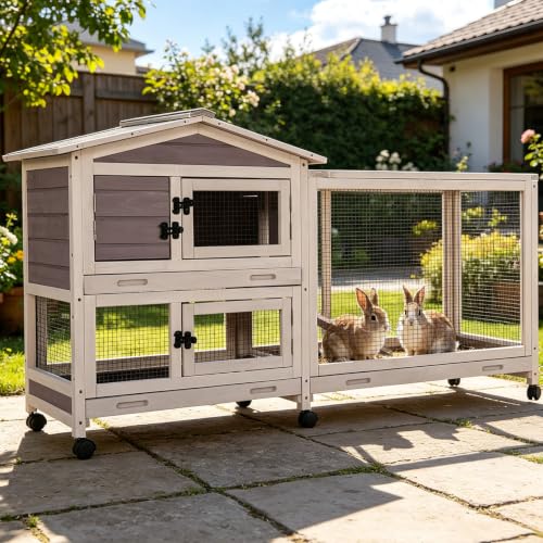 Rabbit Hutch with Wheels, Chew-Resistant Ramp & Leakproof Tray | Aluminum-reinforced ramp resists chewing; 3 removable trays pull out from front/back; 6 access doors for easy cleaning - color: Gray with Run