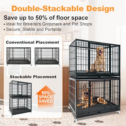 Homey Pet Heavy Duty Dog Crate for Large Dogs, Indestructible Kennel | 47 Inch Stackable Large Dog Cage with Lockable Wheels, Removable Tray & Grid, Multi Locks Strong & Solid Escape Proof - size: 46.5"L x 28.5"W x 35"H