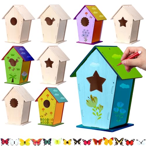 Outus 12 Pcs 5 × 7 Inch DIY Wooden Birdhouse Kit for Kids, Art Painting Bird House Craft Kit Unfinished Bird House Craft for Easter, Kids with Butterfly Sticker Gift 4 Shapes Summer Arts (Vintage) - style: Vintage