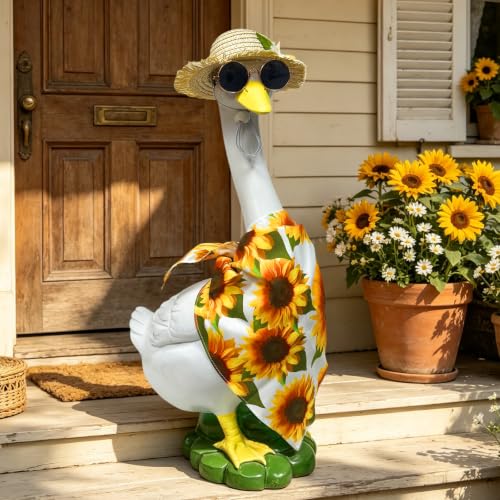 Porch Goose Statues Garden Decor, 20 "Large Resin Sculpture with Outfit | Porch Duck Weatherproof Ornament for Patio, Lawn & Yard, Ideal Housewarming & Birthday Gift for Mom, Women & Men - style: sunflower bandana goose