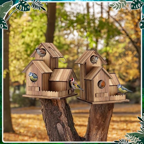 AceOrbit 2 Pcs Bird Houses for Outside 3-Hole Wooden Birdhouse 7.48 x 5.91 x 5.91 Outdoor Hanging Bird House for Finch Bluebird Chickadee Wren Hummingbird Weatherproof Garden Courtyard Decor