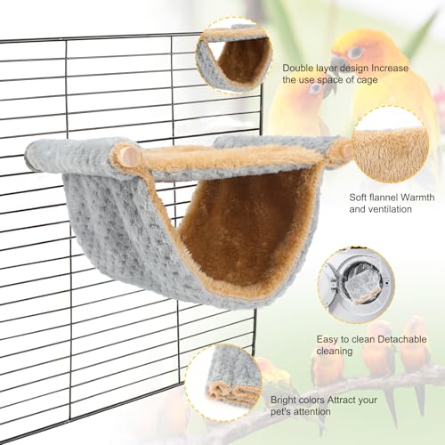BWOGUE Bird Nest Bed Hanging Hammock, Parakeet Bed for Cage, Cockatiel Bed | Warm Fleece Snuggle Hut, Double-Layer Comfort, Wooden Perch Setup, Washable Hammock - color: Light Gray, size: Medium (9"x7.2")