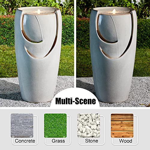Glitzhome 29.25" H Oversized Ceramic Vase Outdoor Water Fountain Tall Patio Garden Water Fountain with LED Light and Submersible Pump Yard Art Decor, Sand Beige - color: Sand Beige, size: 29.25" H