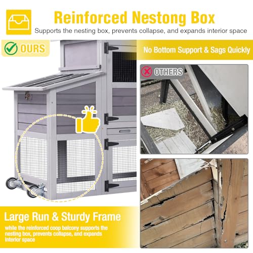 Aivituvin 83in Chicken Coop Mobile Hen House Outdoor Wooden Poultry Cage with Wheels Nesting Box Run for 2-4 Chickens - color: Grey, size: 83.3"L x 26.0"W x 42.0"H
