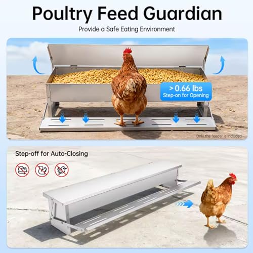 Automatic Chicken Feeder Treadle Chicken Feeder Trough Self-Opening Galvanized Steel Large Capacity Poultry Feeder Outdoor Coop Food Dispenser with Rain Cover for Ducks Bantams(Size:Large - 82.5x18cm) - size: Large - 82.5x18cm