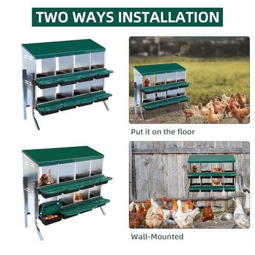 Chicken Nesting Box 8-Compartment – Roll Away Laying Boxes for Hens with Lid Cover & Egg Protection – Heavy Duty Red Poultry Nest Box - color: Green, size: 47.2"L x 17.7"W x 35.4"H