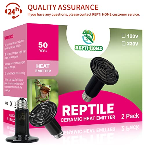 50W Ceramic Heat Emitter (2 Pack), Reptile Heat Lamp Bulbs, Ceramic Heater for Amphibian, Pet Brooder Coop, Chicken, Dog, Cat - size: 50*2