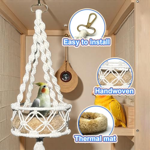 Warm Bird Cage Bird Nest, Bohemian Style Cotton Woven Hanging Small Bird Bed for Cage, Warm Nest for Canary, Lovebird, Budgie, Finch (Beige)