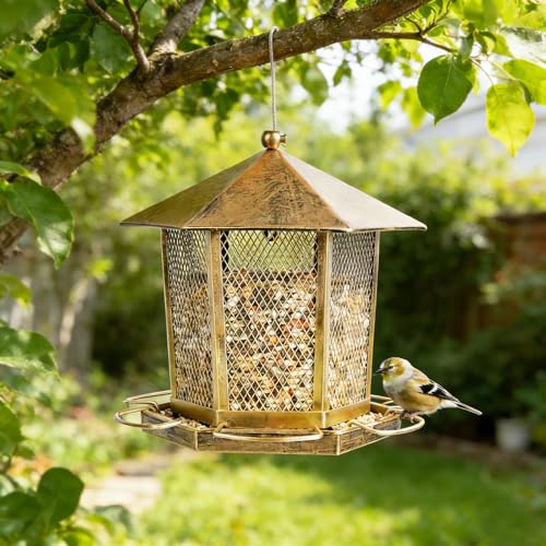 Hexagonal Gazebo Bird Feeders, Weatherproof Wild Bird Feeder for Outdoor | Unique Pavilion Style Metal Bird Feeder for Outside Hanging Garden Patio Backyard Lawn Decor