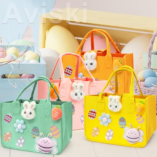 Aviski 4PCS Easter Egg Hunt Bags, Easter Bunny Gift Bags with Handles, Easter Treat Bags, Felt Easter Bags for Gifts Wrapping, Egg Hunt Game, Easter Party Supplies, 12" x7.8" x6.8"