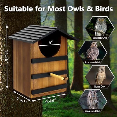 KOOPRO Screech Owl House for Outdoors, Weatherproof Large 14.5"x9.4"x7.8" | Barn Owl Nesting Box Wooden for Outside with Mounting Screws & Natural Shavings, Easy Assembly Required