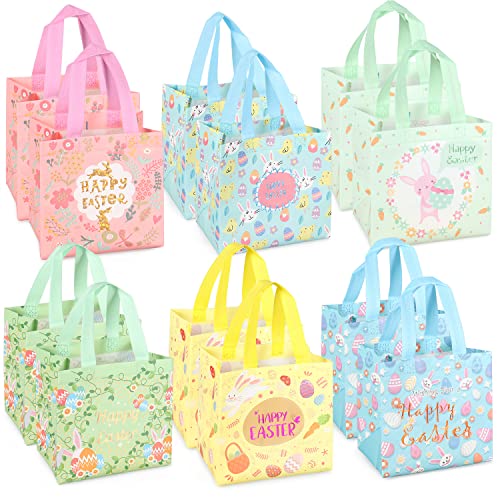 Aviski 12PCS Happy Easter Egg Hunt Bags Bunny Carrot Chick Egg Gift Bag with Handles, Easter Treat Bags, Non-Woven Gifts Wrapping, Spring Party Supplies - color: Foil Green Pink Blue Yellow