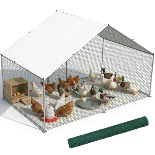 Metal Chicken Coop, 9.9 x 6.6 x 6.6 FT Large Walk-in Chicken Runs | with Cover, Spire Roof Hen House Enclosure with Security Lock, Outdoor Duck Rabbit Cage Poultry Pen for Backyard, Farm, Yard
