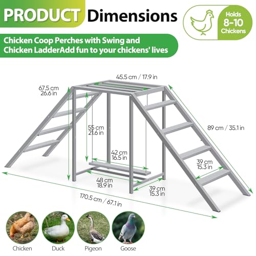 Chicken Coop Perch with Swing, Wooden Roosting Bar & Ladder Set, Chicken Run Accessories Toys for Backyard Farm 6-8 Chickens, Stable and Easy to Clean, Gray - size: 67.1"L x 15.3"W x 26.6"H