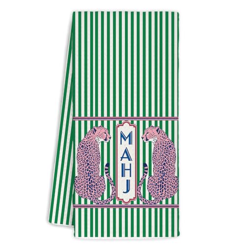 Trendy Pink Leopard Mahjong Kitchen Dish Towels 16x24 inch, Retro Green Striped Cheetah Decorative Hand Tea Towels for Bathroom Kitchen, Mahjong Gifts for Women - color: Funny-mahjong Leopard