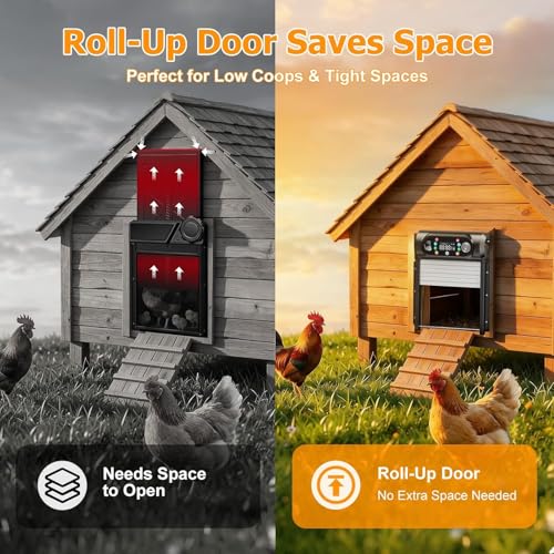 Automatic Chicken Coop Door Solar Powered, Roll-Up Anti-Jam Auto Chicken Door Opener with Light Sensor, Timer & Remote Control, Large 9.45" x 10" Opening, Anti-Pinch Weatherproof for Outdoor