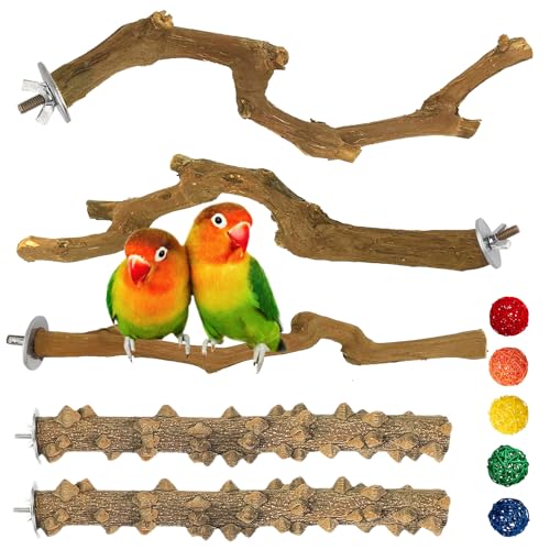 kathson 5pcs Natural Parrot Perch for Cage Wooden Bird Perches Grape Bird Stick Parakeet Climbing Standing Branches Toy Chewable Cage Accessories for Small Budgies Cockatiels Lovebirds Budgies