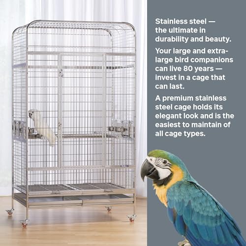 Prevue Pet Products Imperial Extra Large Stainless Steel Bird Cage | Big Birdcage Ideal for Parrots, Cockatoos, Macaws, Included Perch and Cups, Durable Cage with Wheels - size: 41.3"L x 27.9"W x 73.8"H
