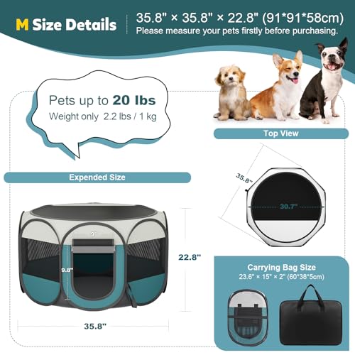 Portable Pet Playpen for Cat Dog: Foldable Cat Play Pen Enclosed Pet 20lbs | Medium 600D Oxford Mesh Small Puppy Kitten Pop Up Kennel Collapsible Carry Bag Waterproof Base Indoor Outdoor Travel Camping - style: M [35.8" × 35.8" × 22.8"]