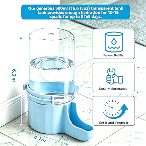 Button Quail Waterer with 1.5cm Narrow Safety Tray, 2 Pack 16.6 oz Baby Quail Chick Waterer, Automatic Gravity Water Dispenser with Integrated Hooks for Wire Mesh Cages and DIY Brooders,(Blue)