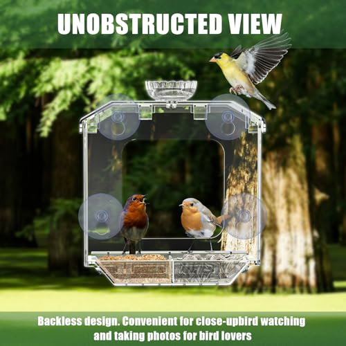 Clear Window Bird Feeder with Strong Suction Cups – Clear Bird Feeding Station with Dual Seed Tray & Water Bowl – Easy to Install and Clean for Outdoor Viewing