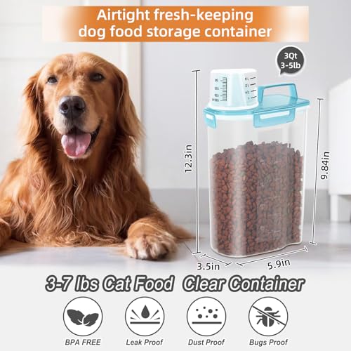 LEAWALK 3-5Lbs/3Qt Dog Cat Food Storage Container With Foldable Bowl., Plastic Pet Food Dispenser for Small Animal Kibble/Pet Food/Bird Seed/Oatmeal/Rice/Flour/Brown Sugart/Cereals (Clear Bule) - color: Clear Blue, size: 3L-1pack