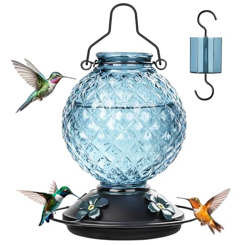 25 OZ Glass Hummingbird Feeder for Outdoors, Leak Proof Hummingbird Feeder with Ant Moat, 4 Bee Resistant Feeding Ports, Easy Clean Wide Mouth Design, Hanging Nectar Feeder, Blue - color: Blue - 25oz