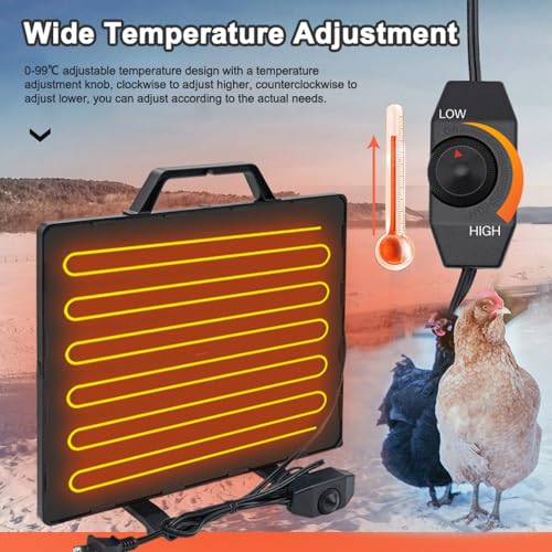 Thermostatic Chicken Coop Heater 160W Poultry Heating Panel 0-99℃ Adjustable Temperature Radi Heating Board Stainless Steel Heating Plate for Chicks Hens Poultry Pets