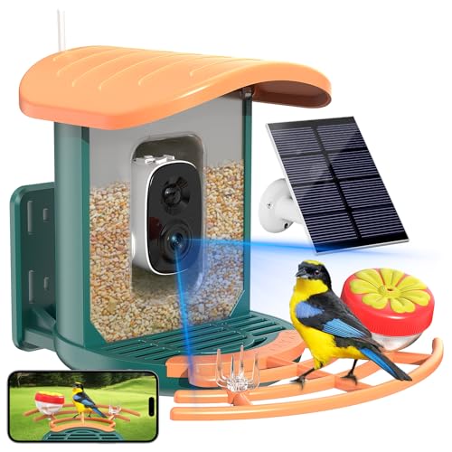 Bird Feeder with Camera, 2K HD Camera Birds Feeder with AI Bird Recognition, Solar Powered Smart Birdfeeder with App Control, Color Night Vision, Gift Box Package, Easy Install & Family Sharing - color: Dark Green, size: Stand
