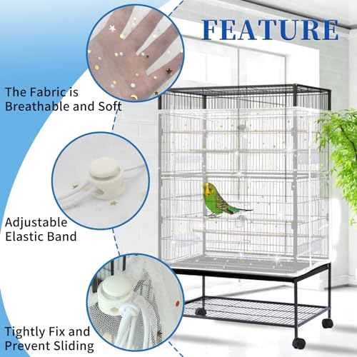 Daoeny 2PCS Bird Cage Seed Catcher, Large Bird Cage Cover, Adjustable Soft Airy Nylon Mesh, Birdcage Cover Skirt Seed Guard for Parrot Parakeet Macaw Round Square Cages (Black & White Sequins Star) - color: Black & White Sequins Star