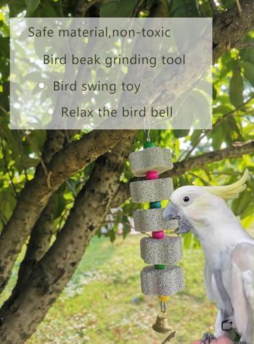 2Pcs Bird Beak Grinding Stone, Mineral Block for Birds, Chewing Toy | Easy Hanging African Grey Toys with Bells, Lava Block Calcium Supplement Food for S/M Birds Cockatiel Hamster Chinchilla
