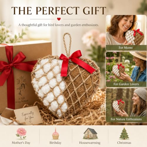 Bird Nesting Material Holder, Hanging Nesting Material Dispenser, Bird Nest Builder with Natural Cotton & Coconut Fiber, Heart Shaped Rattan Holder for Bluebirds, Chickadees, Finches