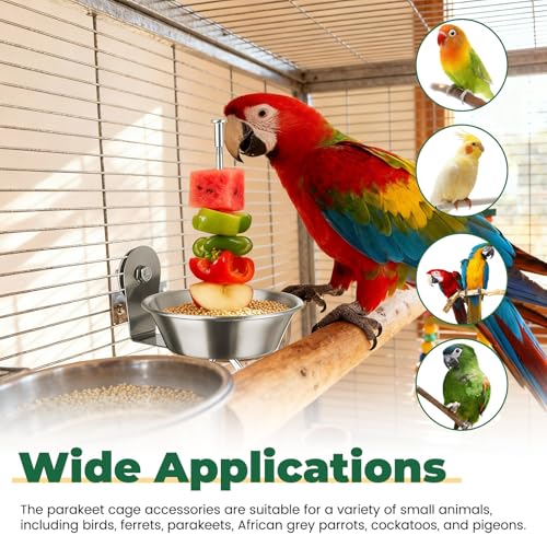 2 Pack Bird Cage Feeder with Skewer for Vegetable & Fruit, Parrot Treats Food Holder with Bowl Dish, No Mess Budgie Parakeet Cockatiel Foraging Toys Cage Accessories